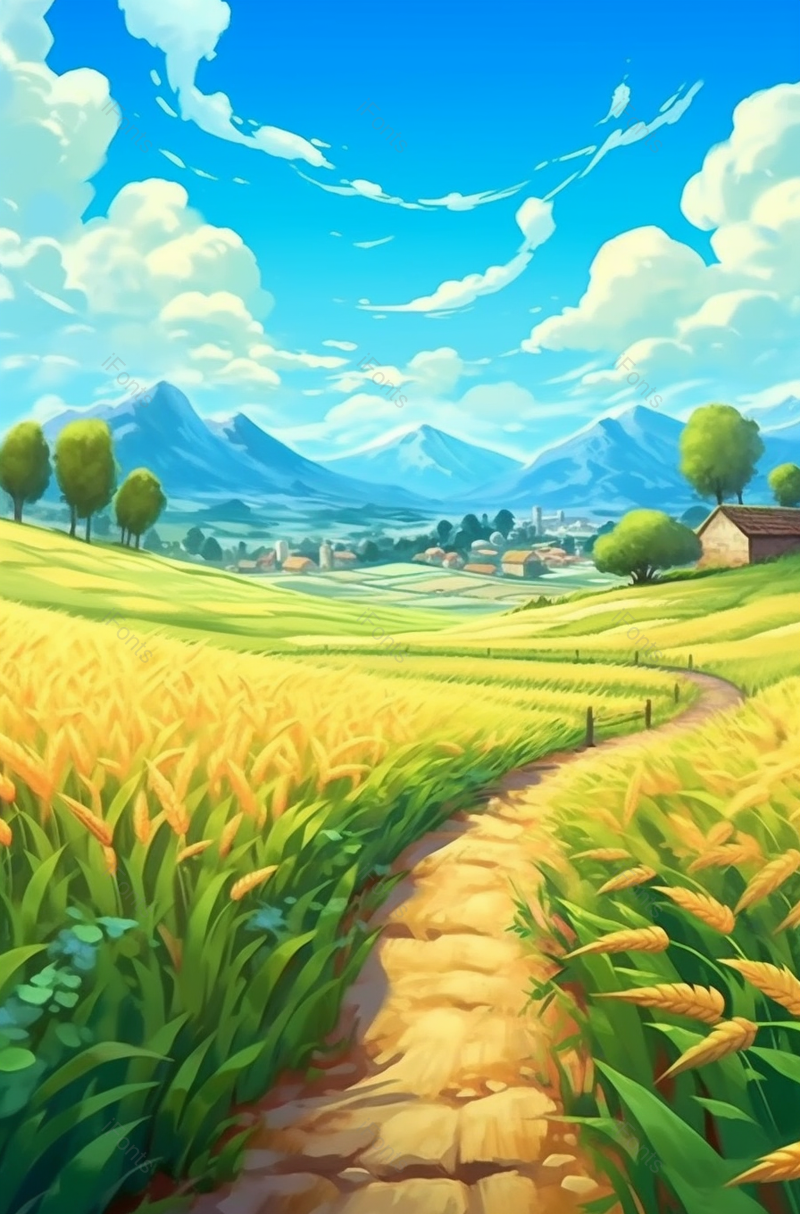 蓝天白云下麦子熟了手绘背景,插画/手绘图,插画/手绘图库,插画/手绘图下载,插画/手绘